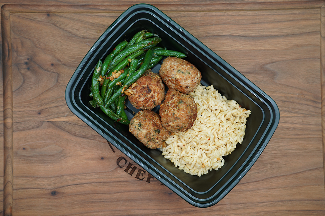 Cajun Turkey Meatballs with Rice & Garlic Green Beans